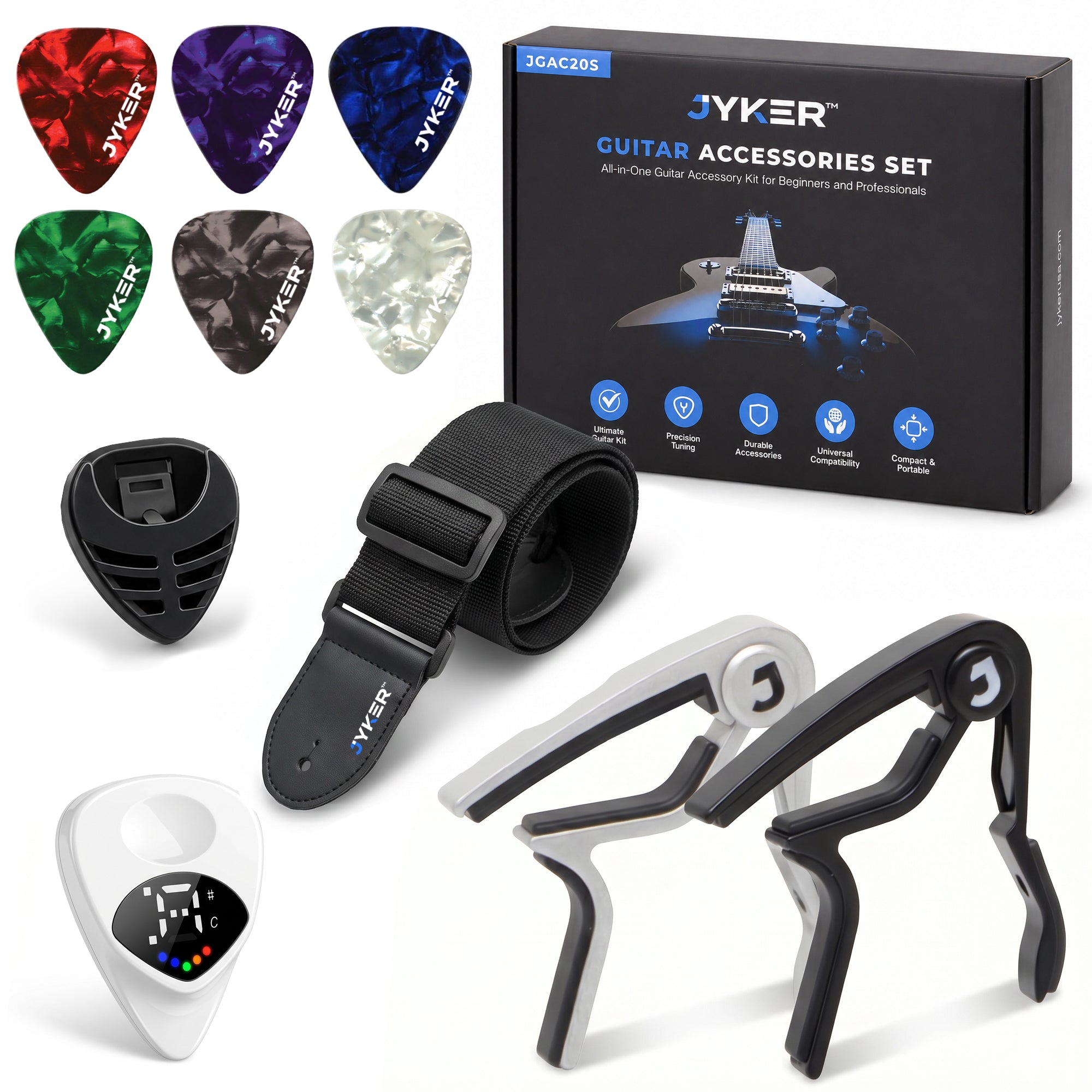 Guitar Accessories Kit for Beginners, 2-in-1 Tuner Pick, 2 Comfort-Grip Capos, Assorted Tone Picks, Adjustable Strap & Pick Holder, Acoustic & Electric Starter Set, Guitar Gift Set - JGAC20S