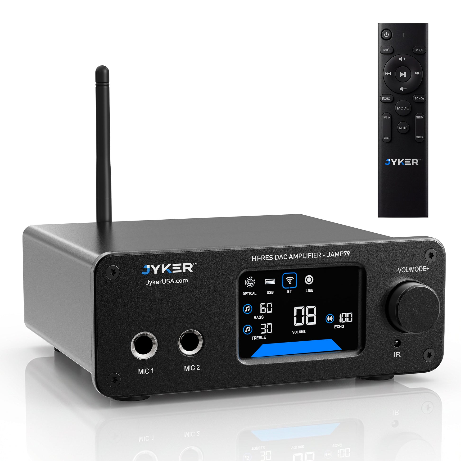 Audio amplifier with digital display and remote control on a white background