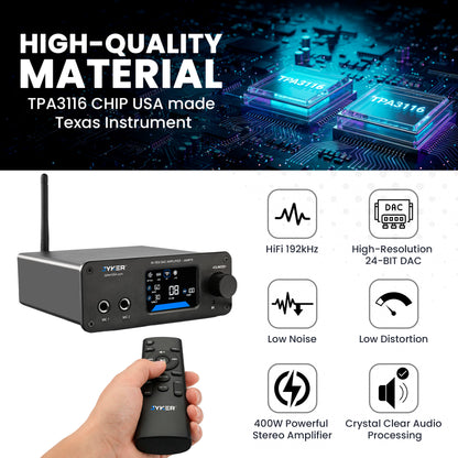 Audio amplifier with remote control, featuring Texas Instruments TPA3116 chip, on a dark background with circuit board graphics.
