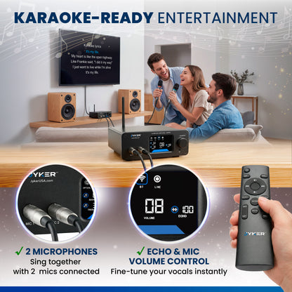 Jyker karaoke system with microphone, remote control, and setup on a table.