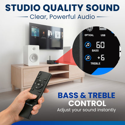 Home theater system with remote control, TV, and speakers, emphasizing studio quality sound and bass & treble control.