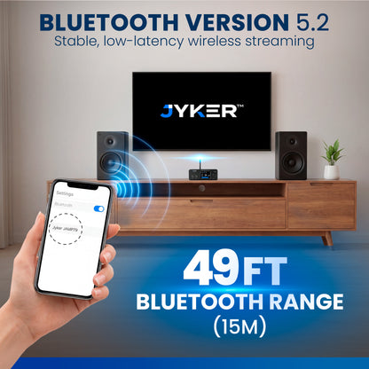 Smart home setup with TV, speakers, and smartphone displaying Bluetooth connection, featuring JYKER brand.