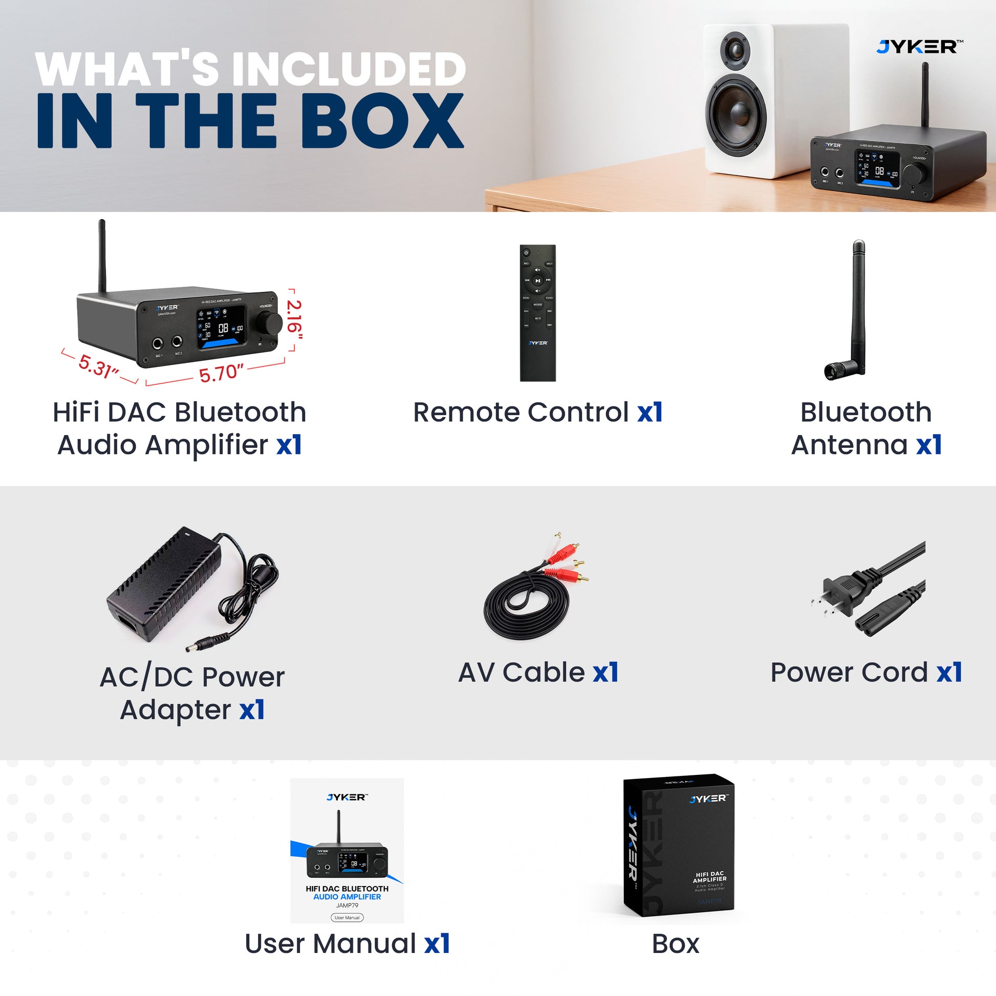 List of included items in a box with audio equipment and accessories.