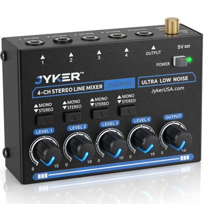 4 Channel Stereo Line Compact Audio Mixer, TS/TRS Line Level Sources, Mono/Stereo Switch, Independent Level Controls, USB-C Powered Low Noise Mixer - JMAMP6