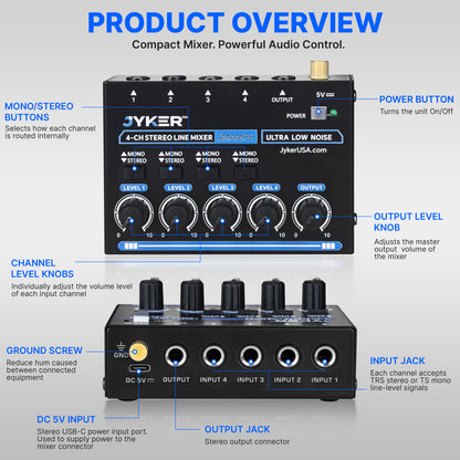 4 Channel Stereo Line Compact Audio Mixer, TS/TRS Line Level Sources, Mono/Stereo Switch, Independent Level Controls, USB-C Powered Low Noise Mixer - JMAMP6