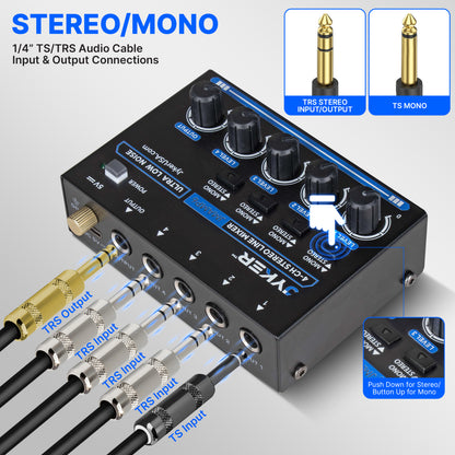 4 Channel Stereo Line Compact Audio Mixer, TS/TRS Line Level Sources, Mono/Stereo Switch, Independent Level Controls, USB-C Powered Low Noise Mixer - JMAMP6