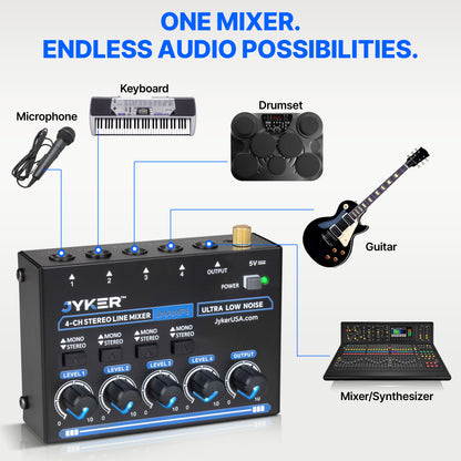 4 Channel Stereo Line Compact Audio Mixer, TS/TRS Line Level Sources, Mono/Stereo Switch, Independent Level Controls, USB-C Powered Low Noise Mixer - JMAMP6