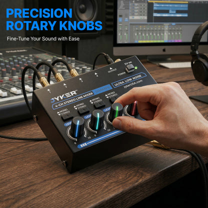 4 Channel Stereo Line Compact Audio Mixer, TS/TRS Line Level Sources, Mono/Stereo Switch, Independent Level Controls, USB-C Powered Low Noise Mixer - JMAMP6