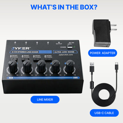 4 Channel Stereo Line Compact Audio Mixer, TS/TRS Line Level Sources, Mono/Stereo Switch, Independent Level Controls, USB-C Powered Low Noise Mixer - JMAMP6
